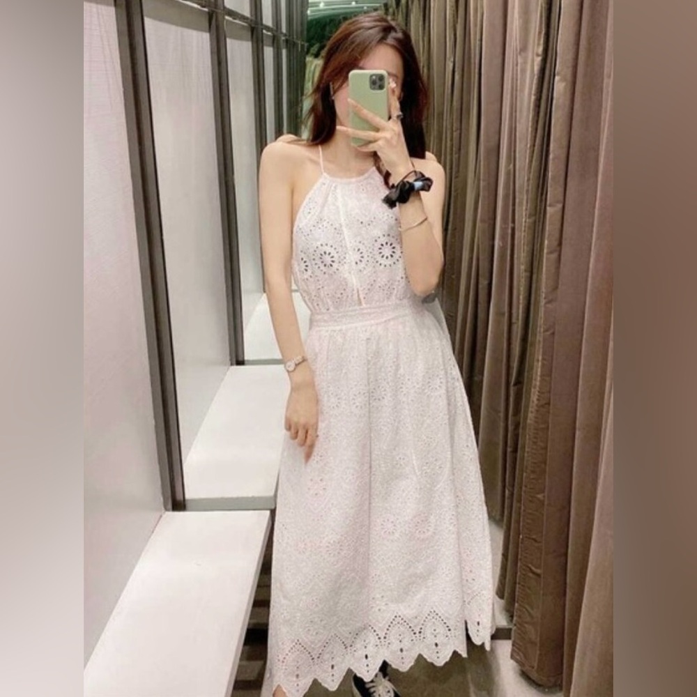 Zara White Eyelet Halter Midi Dress - Elegant Summer Women's Dress size small